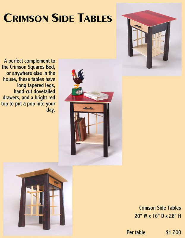 Crimson Side Table: A perfect complement to the Crimson Squares Bed, or anywhere else in the house, these tables have long tapered legs, hand-cut dovetailed drawers, and a bright red top to put a pop into your day.